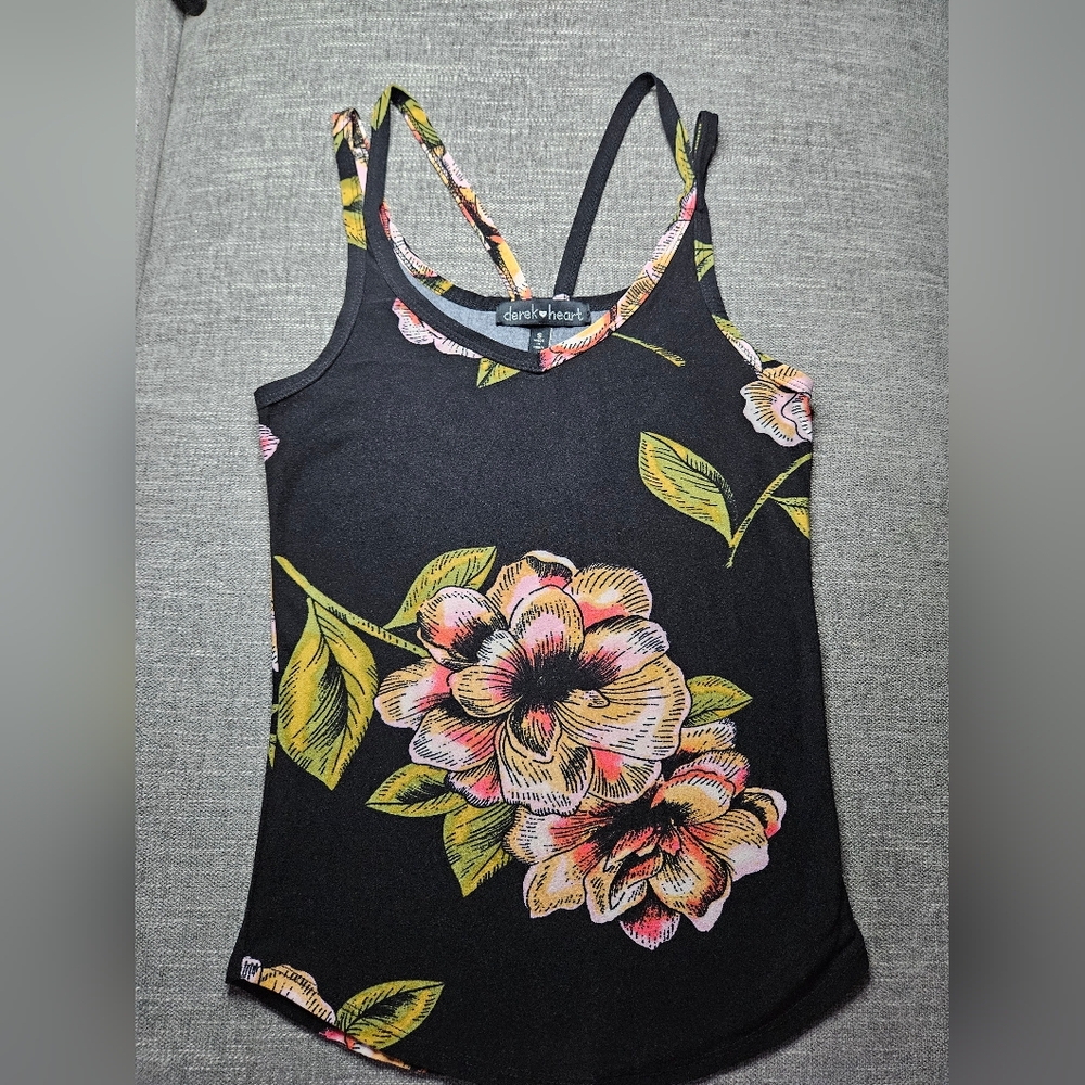 Derek Heart Floral Black Tank Top
